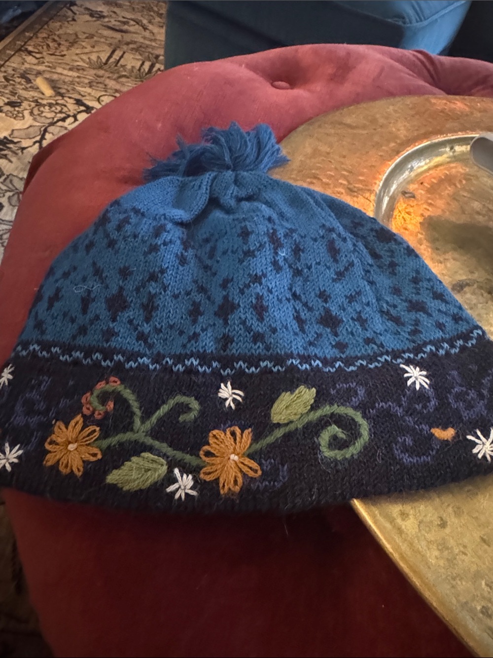 Women's Blue Alpaca blend Knit Floral Pom-Pom Hat